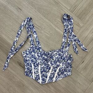 SHEIN Women's Blue and White Floral Corset Style Crop Top Size Small